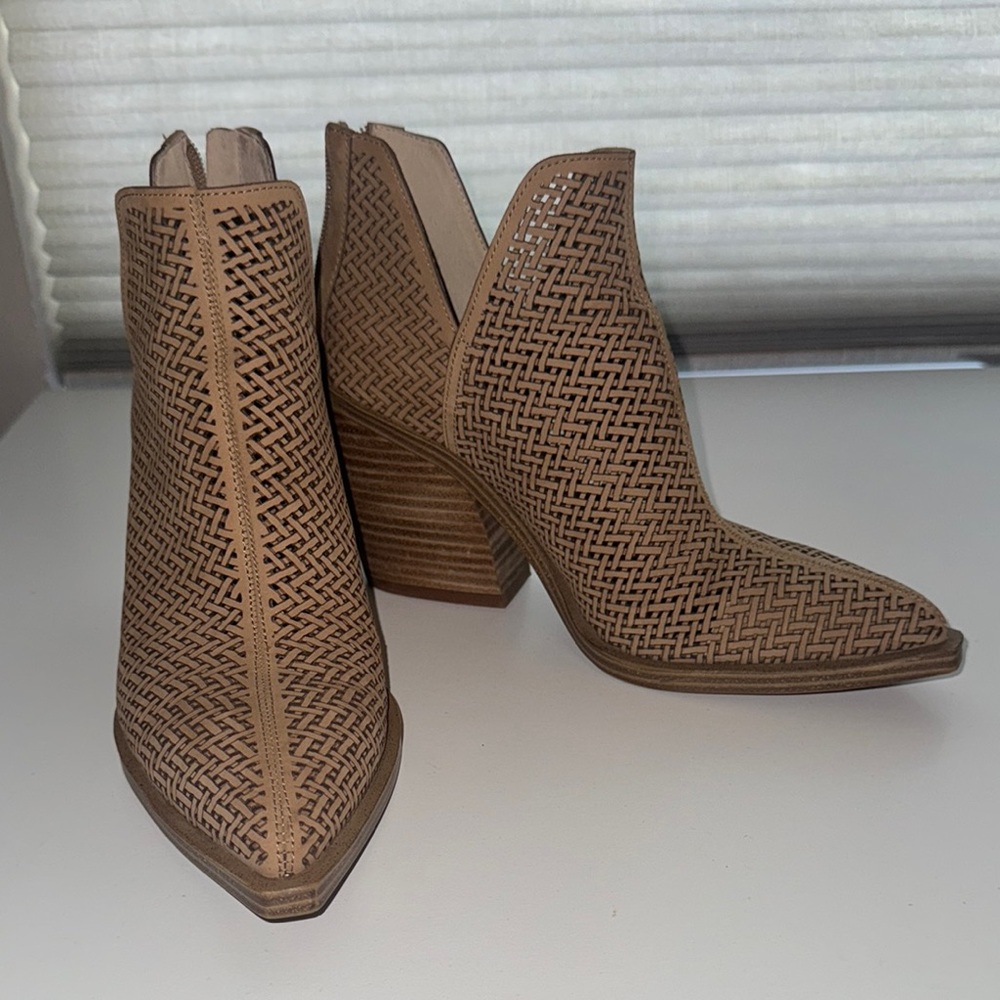 Vince Camuto Tan Textured Ankle Booties with Block Heel
